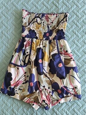 Xhilaration Navy Floral Smocked Strapless Romper with Pink & Mustard Accents MED